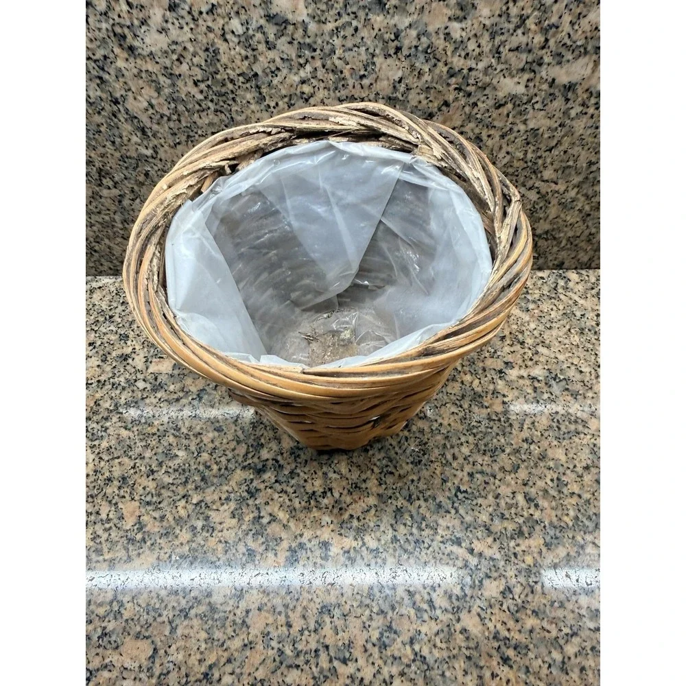 Brown Wicker Flower Basket Small Planter Pot Plastic Liner Rustic Tabletop Decor